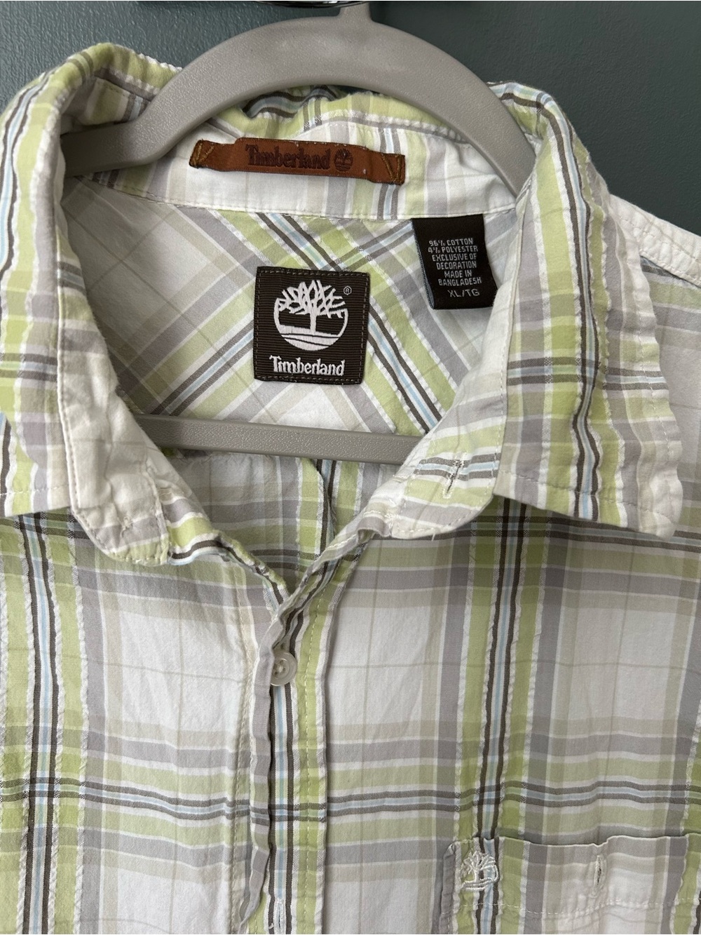 Timberland Short Sleeve Plaid Button-Down - White & Light Green
